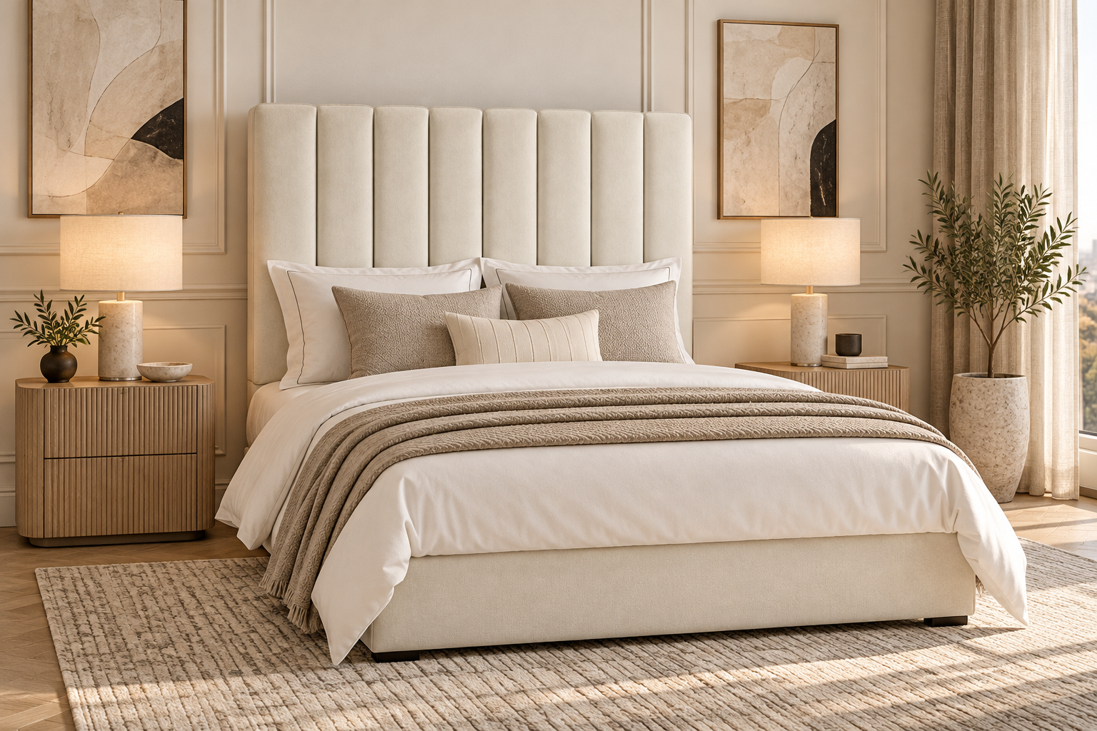Fully decorated modern bedroom with a complete bed and HALE Vertical Channel headboard